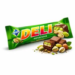 ORION DELI s pistáciovou příchutí, tyčinka s příchutí pistácií a karamelem máčená v hořké polevě 35g